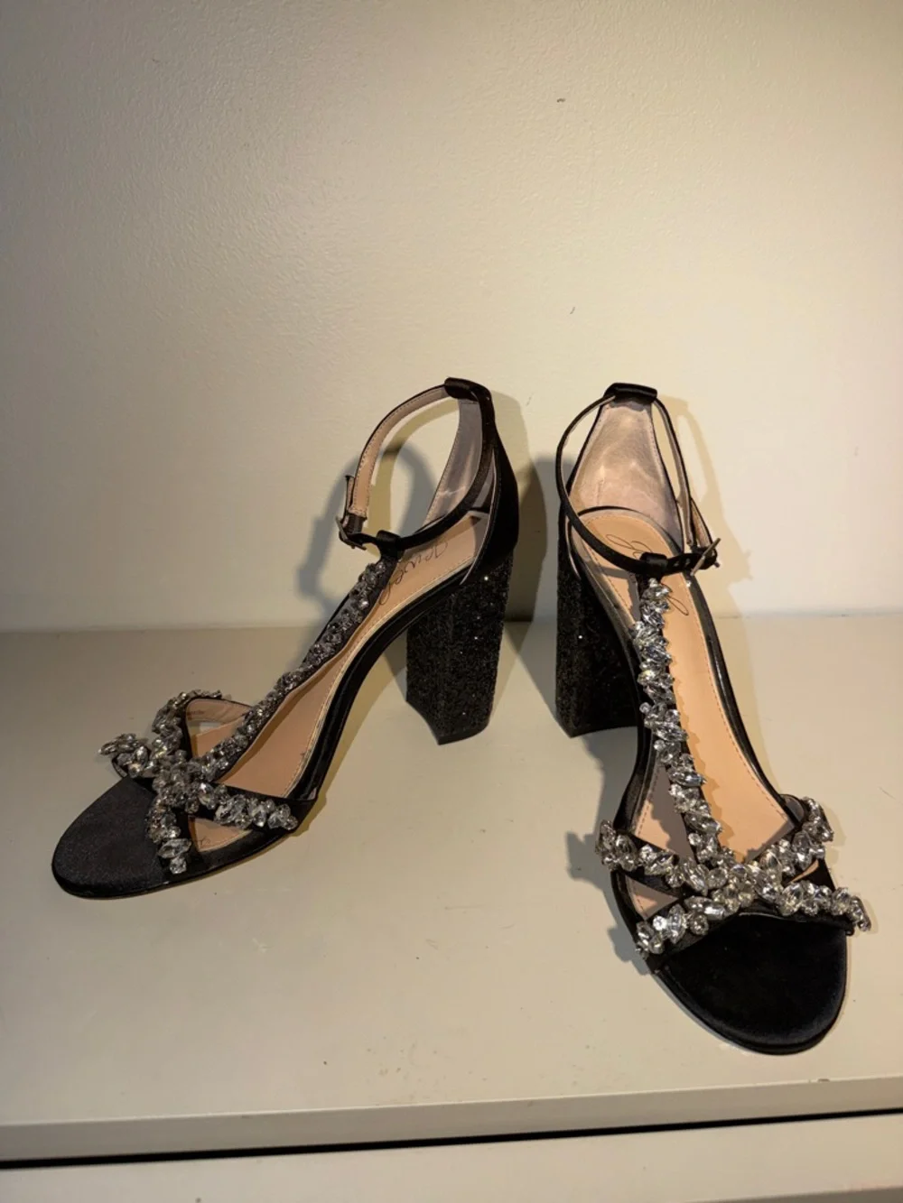 Jewel Badgley Mischka Black Crystal-Embellished Block Heel Sandals.Sz 7‎ Chic